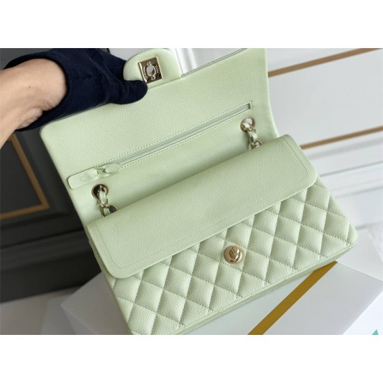 Chanel Classic Flap bag Medium 25 Light Green with champagne gold hardware, Caviar leather, Hass Factory leather, seamless.