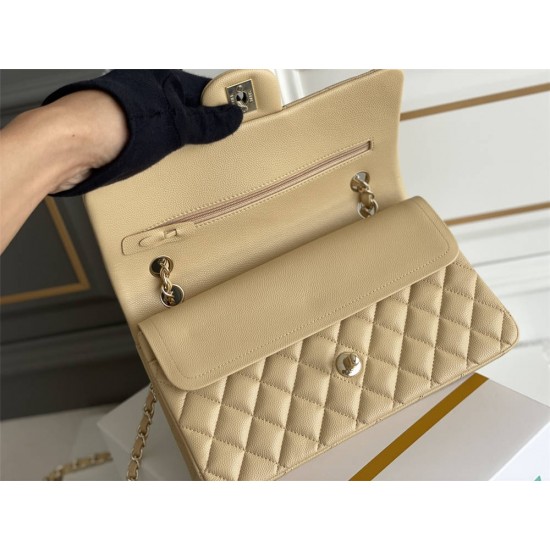 Chanel Classic Flap bag Medium 25 Beige with champagne gold hardware, Caviar leather, Hass Factory leather, seamless.