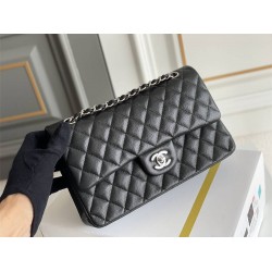 Chanel Classic Flap bag Medium 25 Black with silver hardware, Caviar leather, Hass Factory leather, seamless, black interior.