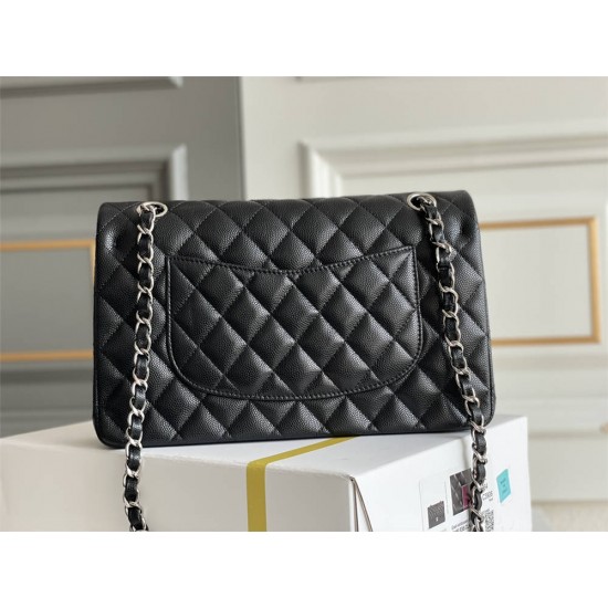 Chanel Classic Flap bag Medium 25 Black with silver hardware, Caviar leather, Hass Factory leather, seamless, black interior.