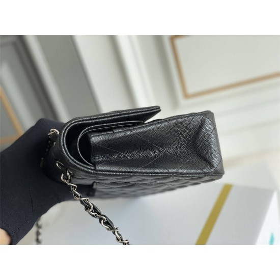 Chanel Classic Flap bag Medium 25 Black with silver hardware, Caviar leather, Hass Factory leather, seamless, black interior.