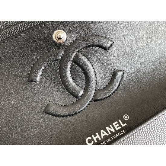 Chanel Classic Flap bag Medium 25 Black with silver hardware, Caviar leather, Hass Factory leather, seamless, black interior.