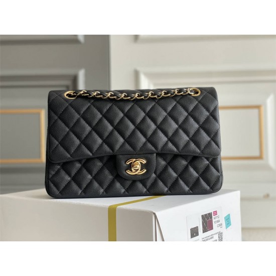 Chanel Classic Flap bag Medium 25 Black with gold hardware, Caviar leather, Hass Factory leather, seamless, black interior.