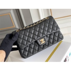 Chanel Classic Flap bag Medium 25 Black with gold hardware, Caviar leather, Hass Factory leather, seamless, black interior.