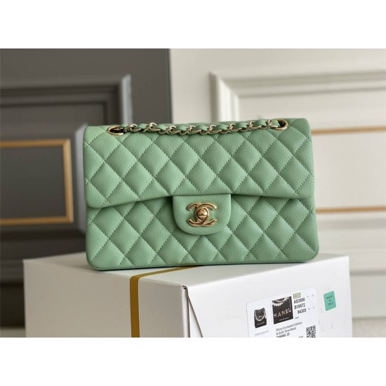 Chanel Classic Flap bag Small 23 Mint Green with champagne gold hardware, Caviar leather, Hass Factory leather, seamless.