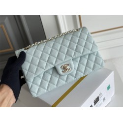 Chanel Classic Flap bag Medium 25 Light Blue with champagne gold hardware, Caviar leather, Hass Factory leather, seamless.