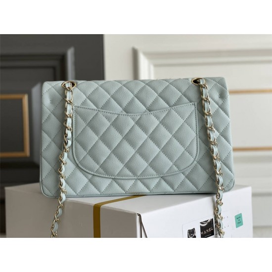 Chanel Classic Flap bag Medium 25 Light Blue with champagne gold hardware, Caviar leather, Hass Factory leather, seamless.