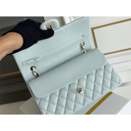 Chanel Classic Flap bag Medium 25 Light Blue with champagne gold hardware, Caviar leather, Hass Factory leather, seamless.