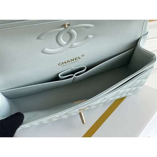 Chanel Classic Flap bag Medium 25 Light Blue with champagne gold hardware, Caviar leather, Hass Factory leather, seamless.