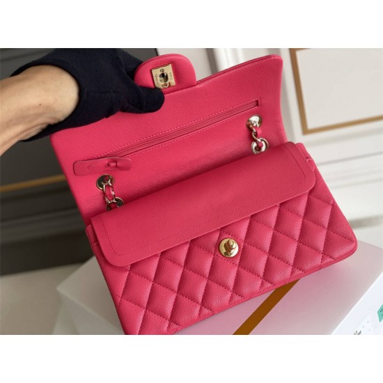 Chanel Classic Flap bag Small 23 Rose Red with champagne gold hardware, Caviar leather, Hass Factory leather, seamless.