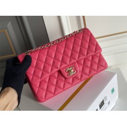 Chanel Classic Flap bag Medium 25 Rose Red with champagne gold hardware, Caviar leather, Hass Factory leather, seamless.