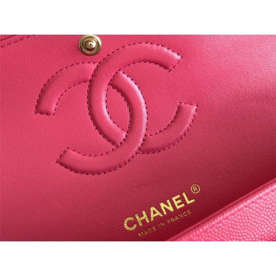 Chanel Classic Flap bag Medium 25 Rose Red with champagne gold hardware, Caviar leather, Hass Factory leather, seamless.