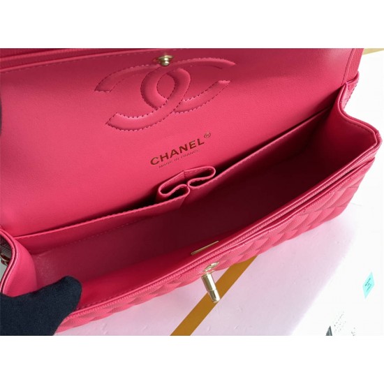 Chanel Classic Flap bag Medium 25 Rose Red with champagne gold hardware, Caviar leather, Hass Factory leather, seamless.