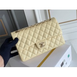 Chanel Classic Flap bag Medium 25 Light Yellow with champagne gold hardware, Caviar leather, Hass Factory leather, seamless.