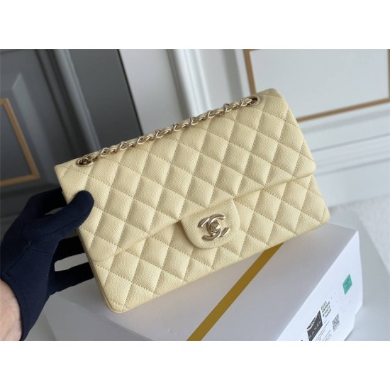 Chanel Classic Flap bag Medium 25 Light Yellow with champagne gold hardware, Caviar leather, Hass Factory leather, seamless.