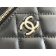 Chanel Vanity Makeup pouch 23A Black with pink interior, handle, Camellia adjustable buckle, lambskin, 17x10x8cm.