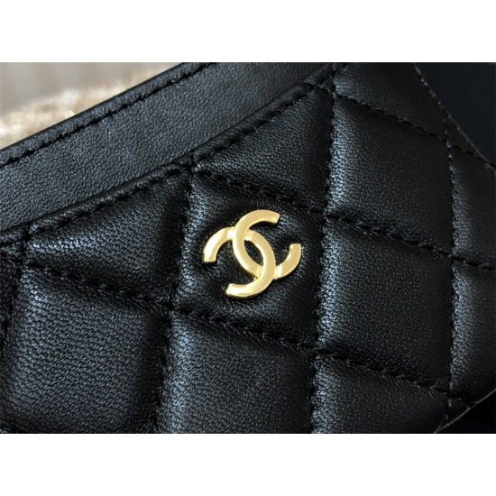 Chanel Classic Card Holder Black with Gold Hardware Lamb Leather Hass Factory leather Red Interior 11x7x1cm