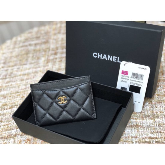 Chanel Classic Card Holder Black with Gold Hardware Lamb Leather Hass Factory leather Red Interior 11x7x1cm