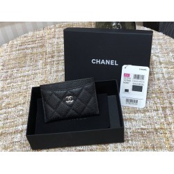 Chanel Classic Card Holder Black with Silver Hardware Caviar Leather Hass Factory leather Red Interior 11x7x1cm