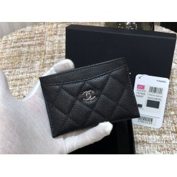 Chanel Classic Card Holder Black with Silver Hardware Caviar Leather Hass Factory leather Red Interior 11x7x1cm