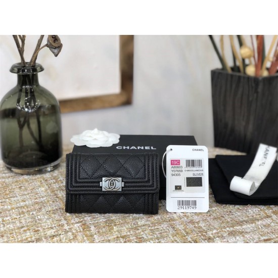 Chanel Leboy Key Pouch Black with Silver Hardware Caviar Leather Hass Factory leather Small Card Holder Coin Purse 11cm