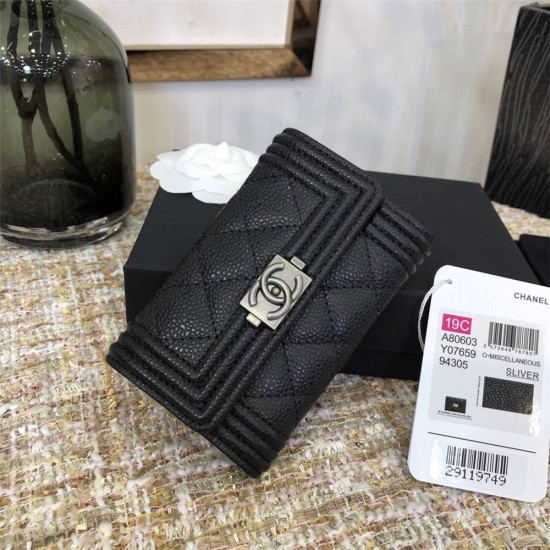 Chanel Leboy Key Pouch Black with Silver Hardware Caviar Leather Hass Factory leather Small Card Holder Coin Purse 11cm