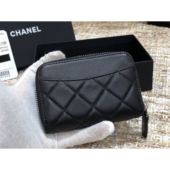 Chanel Classic Card Holder Black with Silver Hardware Lamb Leather Hass Factory leather 11cm