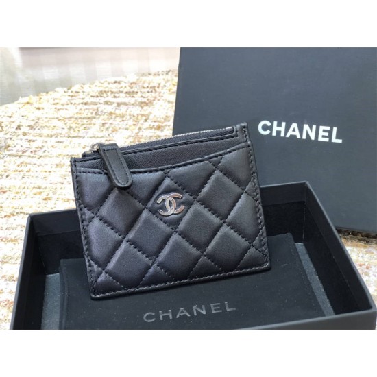 Chanel Classic Card Holder Black with Silver Hardware Lamb Leather Hass Factory leather 11x8cm