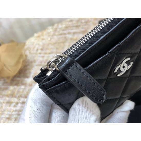 Chanel Classic Card Holder Black with Silver Hardware Lamb Leather Hass Factory leather 11x8cm