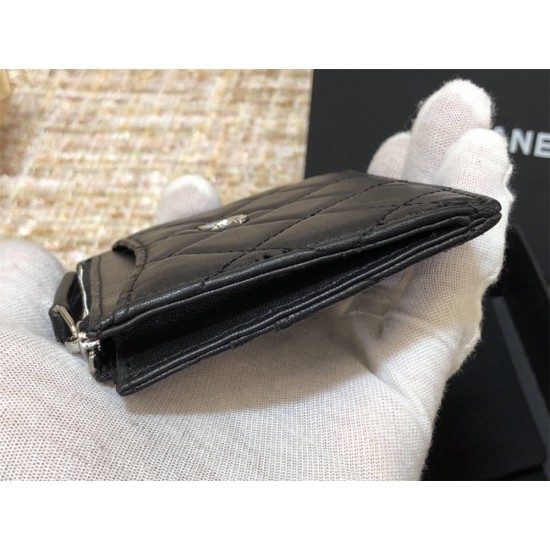 Chanel Classic Card Holder Black with Silver Hardware Lamb Leather Hass Factory leather 11x8cm