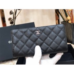 Chanel Long Wallet Folded Black with Silver Hardware Caviar Leather Hass Factory leather 19cm