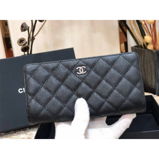 Chanel Long Wallet Folded Black with Silver Hardware Caviar Leather Hass Factory leather 19cm