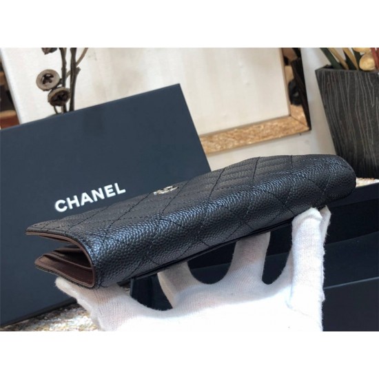 Chanel Long Wallet Folded Black with Silver Hardware Caviar Leather Hass Factory leather 19cm