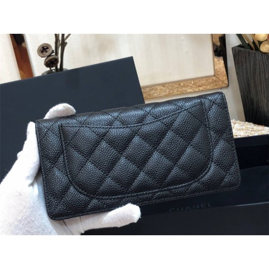 Chanel Long Wallet Folded Black with Silver Hardware Caviar Leather Hass Factory leather 19cm