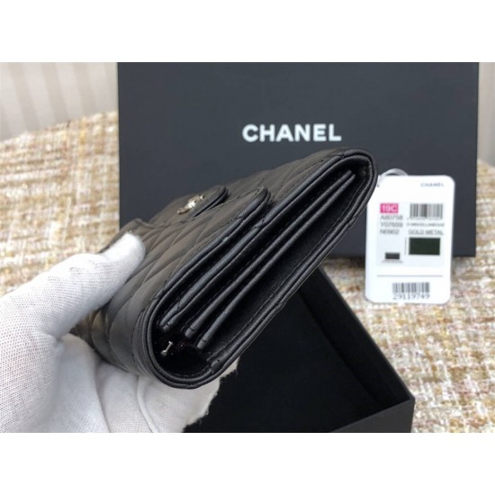 Chanel Classic Wallet Long Black with Silver Hardware Lamb Leather Hass Factory leather 19cm