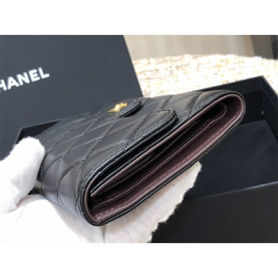 Chanel Classic Wallet Long Black with Gold Hardware Lamb Leather Hass Factory leather 18cm