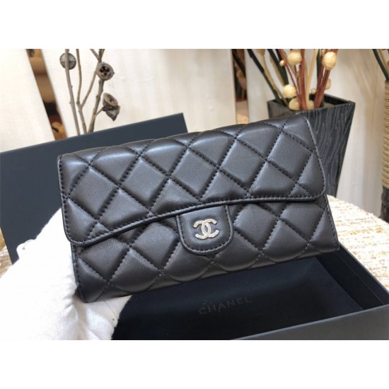 Chanel Classic Wallet Long Black with Silver Hardware Lamb Leather Hass Factory leather 18cm