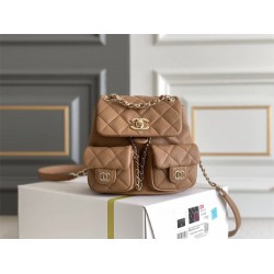 Chanel 23P Vintage Double Pocket Backpack Apricot Champagne Gold Hardware Caviar Leather Hass Factory leather 18x17x10cm