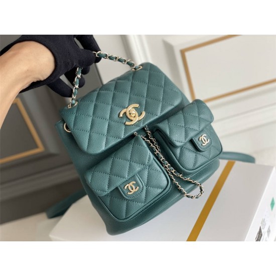 Chanel 23P Vintage Double Pocket Backpack Blue Champagne Gold Hardware Medium Size Caviar Leather Hass Factory leather 21x20x12cm