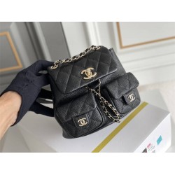 Chanel 23P Vintage Double Pocket Backpack Black Champagne Gold Hardware Small Size Caviar Leather Hass Factory leather 18x17x10cm