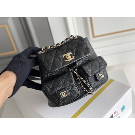 Chanel 23P Vintage Double Pocket Backpack Black Champagne Gold Hardware Small Size Caviar Leather Hass Factory leather 18x17x10cm