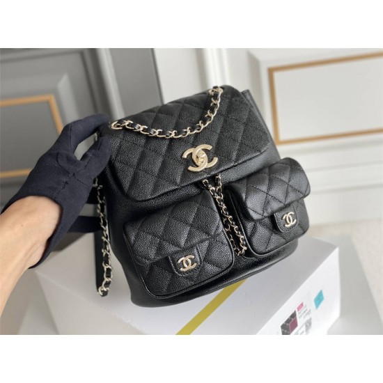 Chanel 23P Vintage Double Pocket Backpack Black Champagne Gold Hardware Medium Size Caviar Leather Hass Factory leather 21x20x12cm