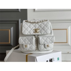 Chanel 23P Vintage Double Pocket Backpack White Champagne Gold Hardware Medium Size Caviar Leather Hass Factory leather 21x20x12cm