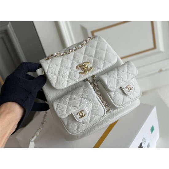 Chanel 23P Vintage Double Pocket Backpack White Champagne Gold Hardware Medium Size Caviar Leather Hass Factory leather 21x20x12cm