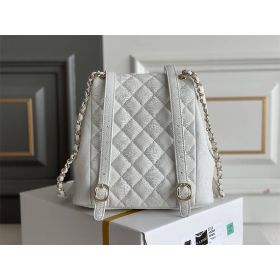 Chanel 23P Vintage Double Pocket Backpack White Champagne Gold Hardware Medium Size Caviar Leather Hass Factory leather 21x20x12cm