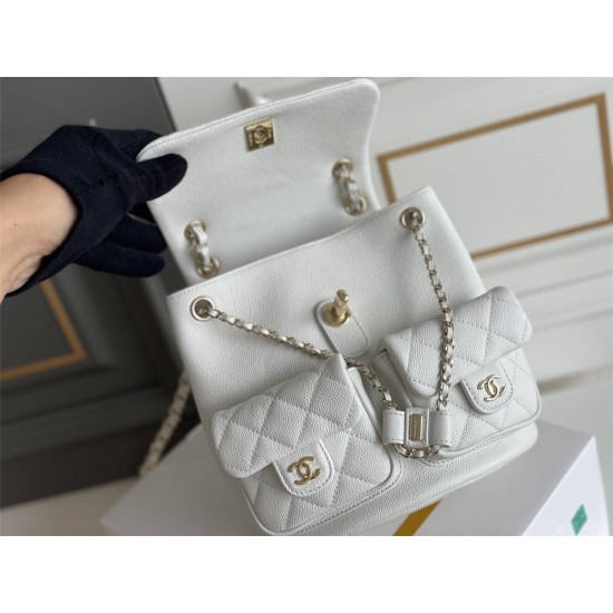 Chanel 23P Vintage Double Pocket Backpack White Champagne Gold Hardware Medium Size Caviar Leather Hass Factory leather 21x20x12cm