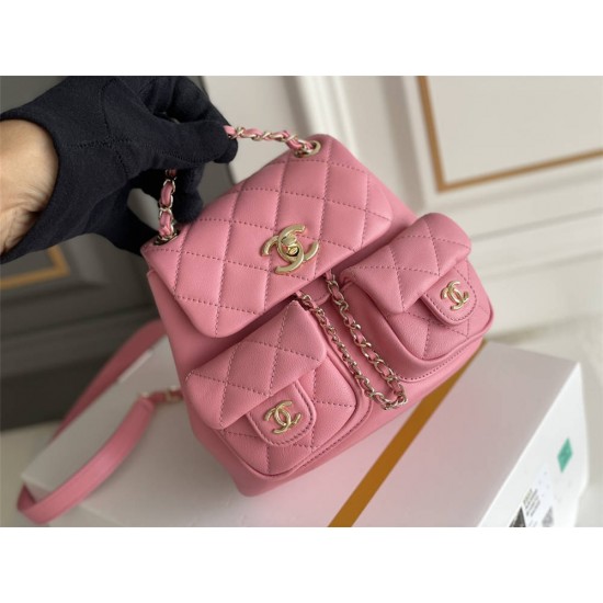 Chanel 23A Vintage Double Pocket Backpack Pink Champagne Gold Hardware Small Size Calfskin Leather Hass Factory leather 18x17x10cm