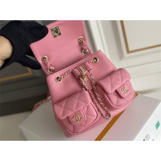 Chanel 23A Vintage Double Pocket Backpack Pink Champagne Gold Hardware Small Size Calfskin Leather Hass Factory leather 18x17x10cm