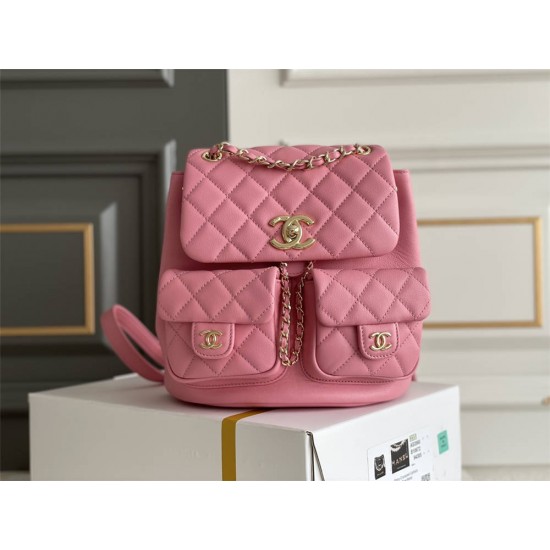 Chanel 23A Vintage Double Pocket Backpack Pink Champagne Gold Hardware Medium Size Calfskin Leather Hass Factory leather 21x20x12cm