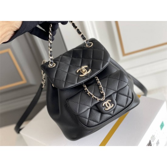 Chanel 22A Duma Backpack Black Champagne Gold Hardware Small Size Lambskin Leather Hass Factory leather 18x18x12cm